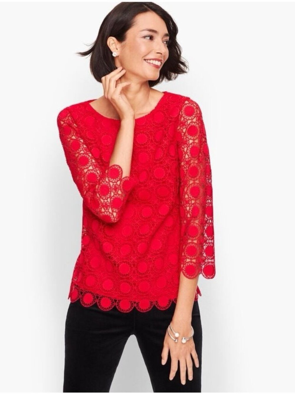 Talbots Medallion Eyelet Lace Top LP Red